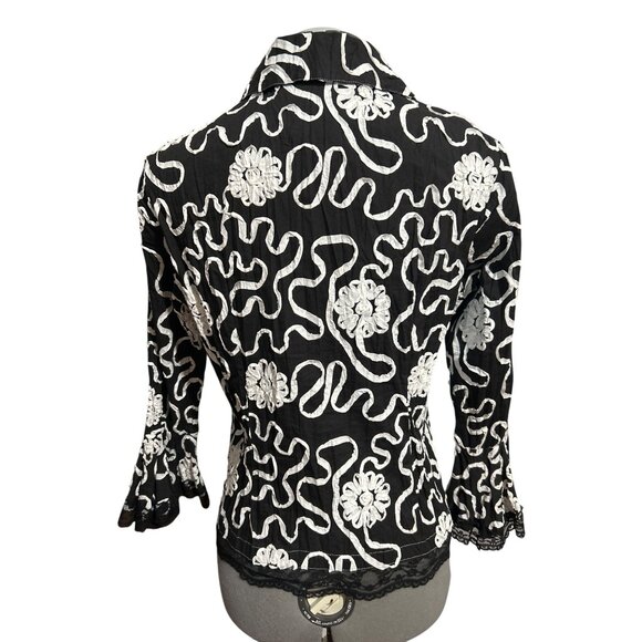 Alberto Makali Womens Black & White Ribbon Lace Trim Button Up Top/Jckt Size 4 - Picture 3 of 7